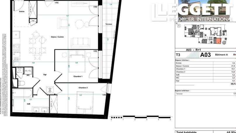 A louer APPARTEMENT NEUF T3 69 M2  BORDEAUX